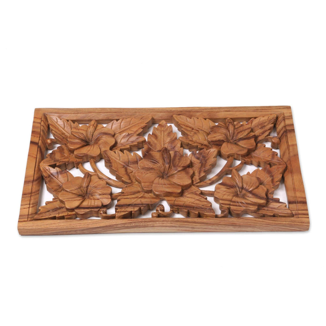 Hand Carved Shoe Flower Wood Wall Relief Panel from Bali - Shoe Flowers