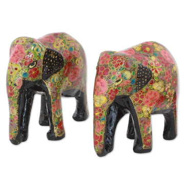 Wooden Sculpture Set of 2 Painted Floral Elephants - Elephant Bloom