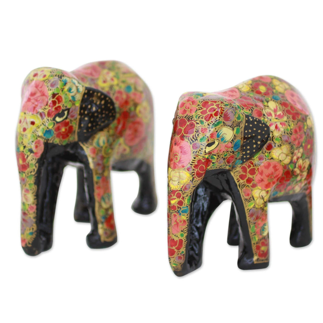 Wooden Sculpture Set of 2 Painted Floral Elephants - Elephant Bloom
