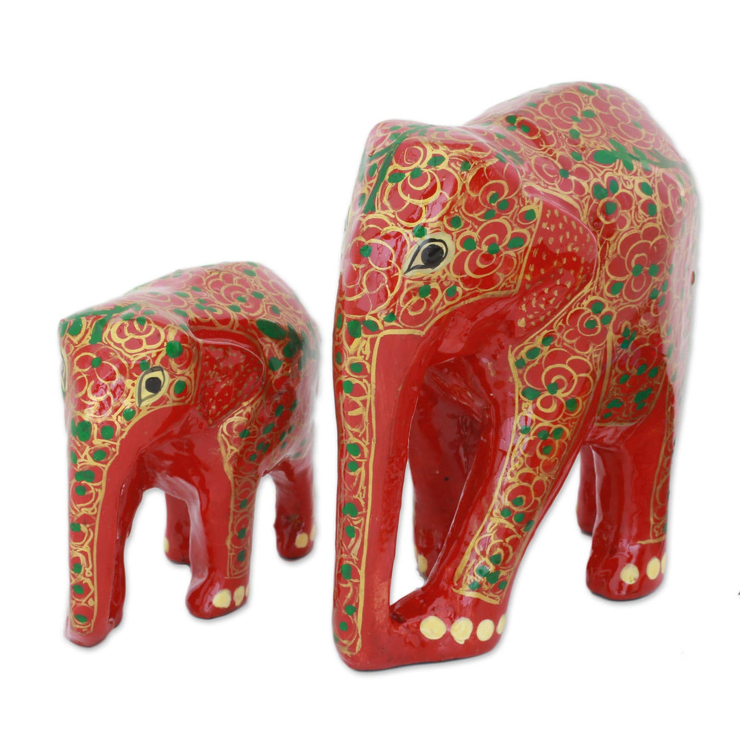 Set of Two Indian Painted Floral Wood Elephant Sculptures - Maternal Glow