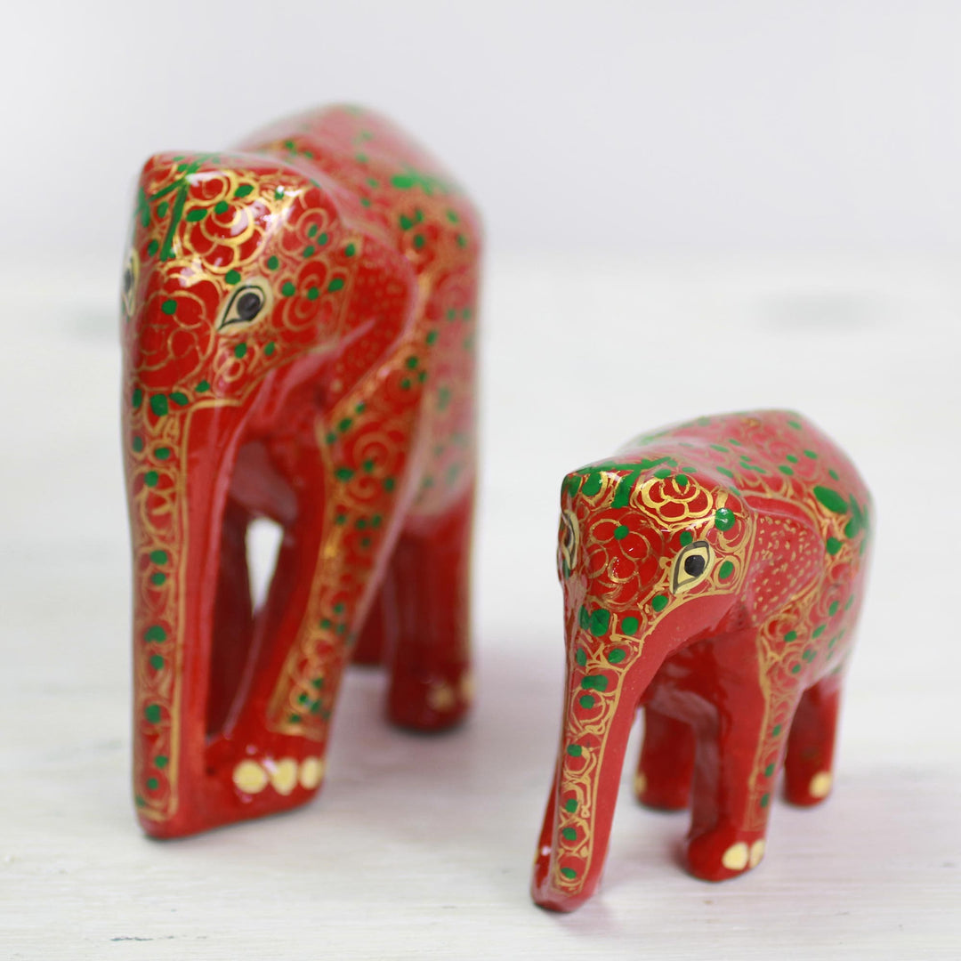 Set of Two Indian Painted Floral Wood Elephant Sculptures - Maternal Glow