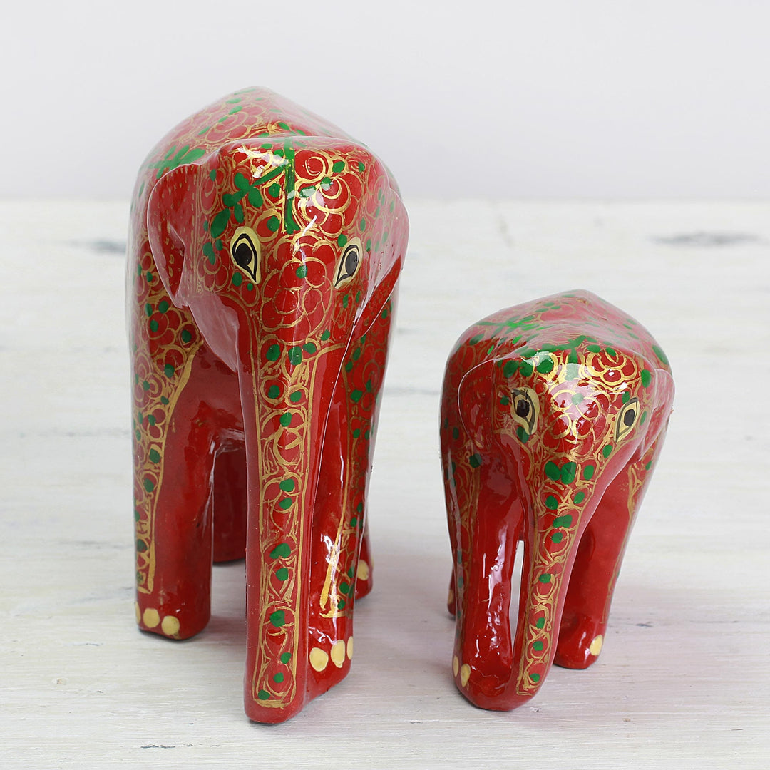 Set of Two Indian Painted Floral Wood Elephant Sculptures - Maternal Glow