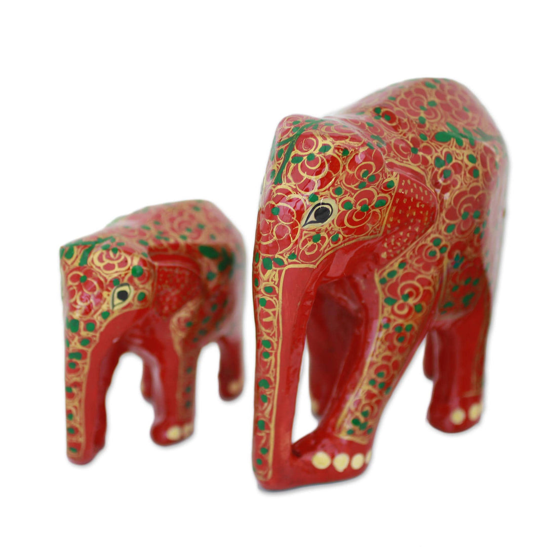Set of Two Indian Painted Floral Wood Elephant Sculptures - Maternal Glow
