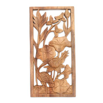 Heron Lilies and Lotus Wall Relief Panel in Hand Carved Wood - Heron Pond