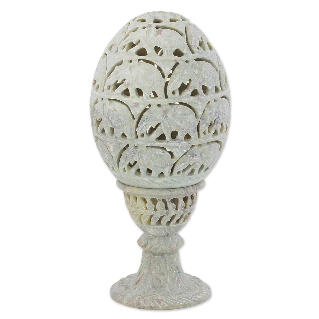 Soapstone Candleholder with Jali Elephant Motifs from India - Elephant Egg
