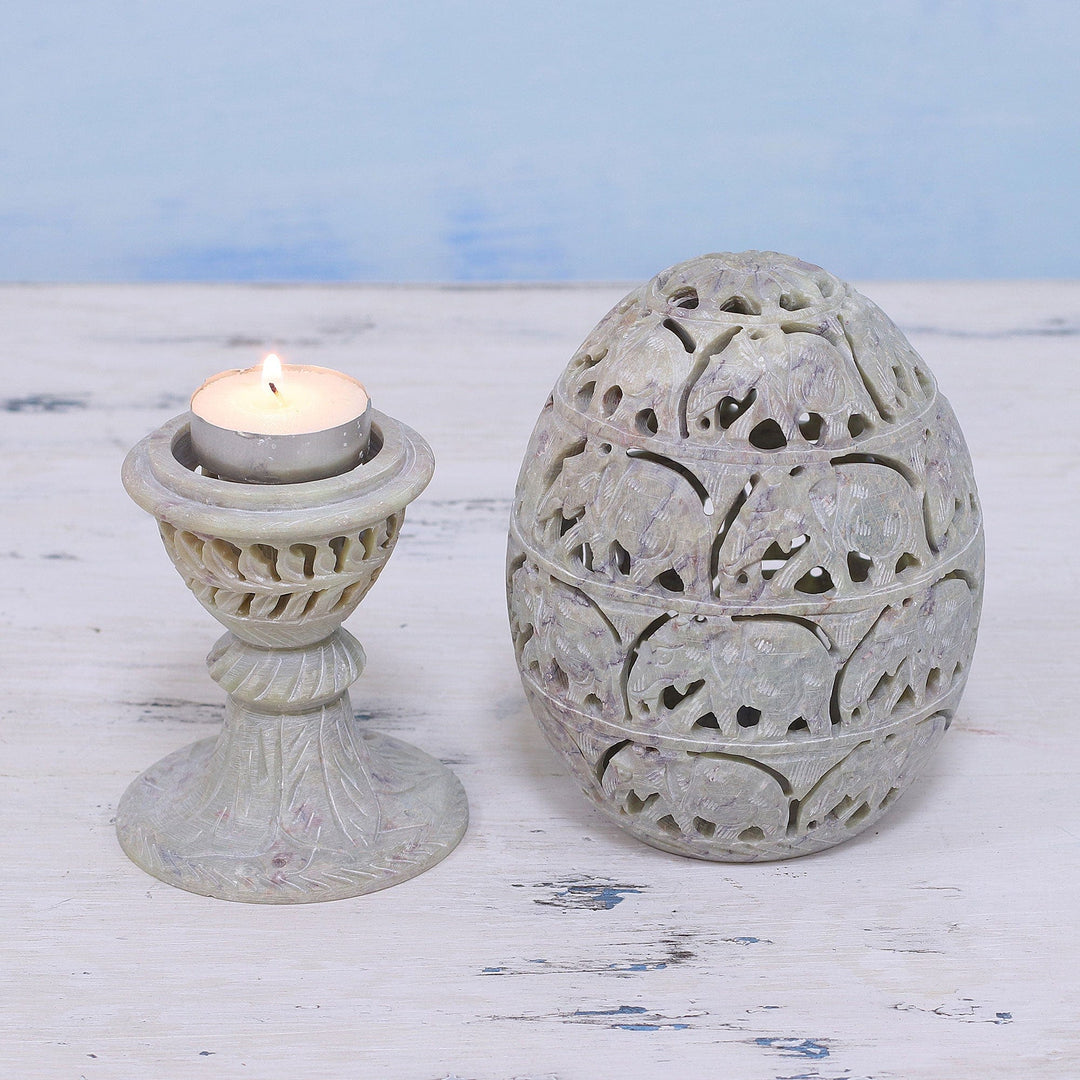Soapstone Candleholder with Jali Elephant Motifs from India - Elephant Egg