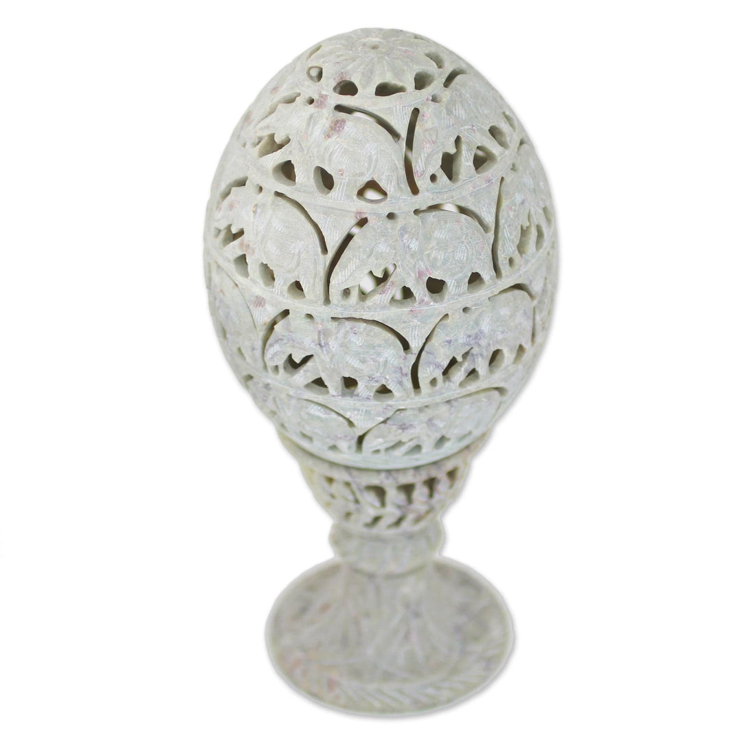 Soapstone Candleholder with Jali Elephant Motifs from India - Elephant Egg