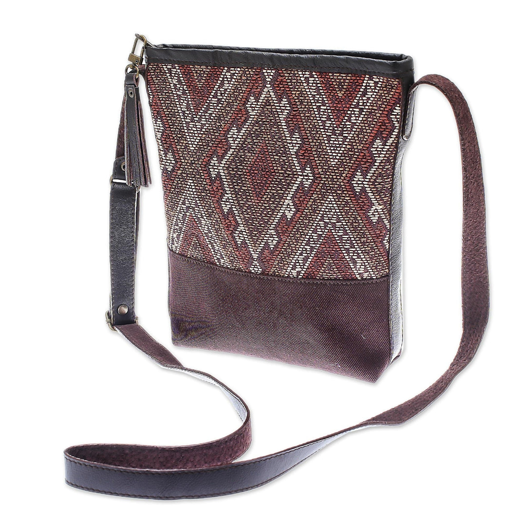 Thai Handwoven Cotton Shoulder Bag with Leather Accents - Northern Thai Charm