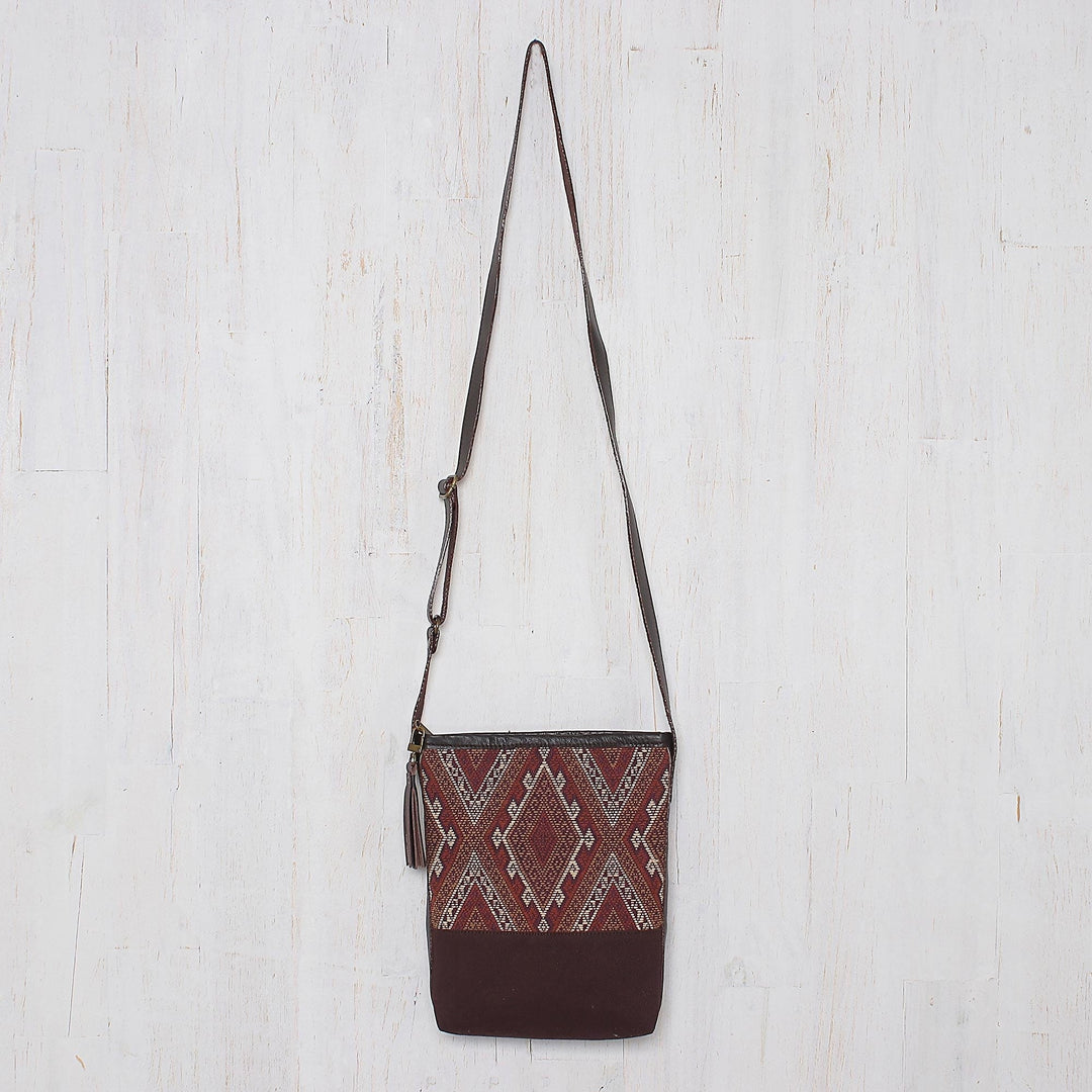Thai Handwoven Cotton Shoulder Bag with Leather Accents - Northern Thai Charm