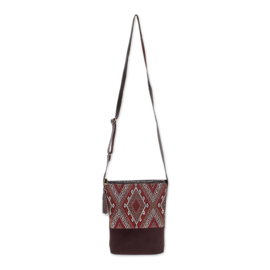 Thai Handwoven Cotton Shoulder Bag with Leather Accents - Northern Thai Charm