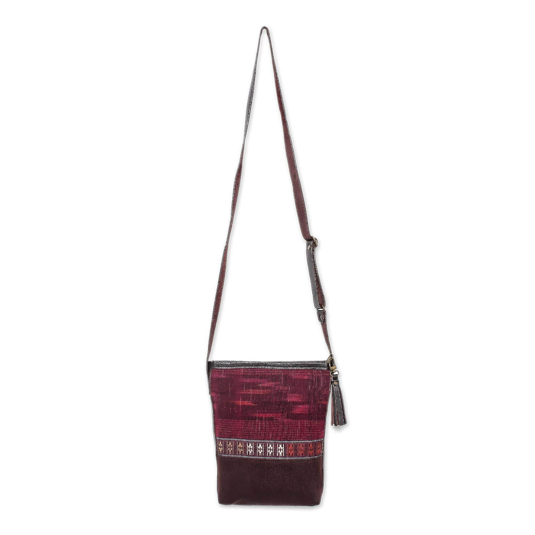Thai Handwoven Cotton Shoulder Bag with Leather Accents - Northern Thai Charm