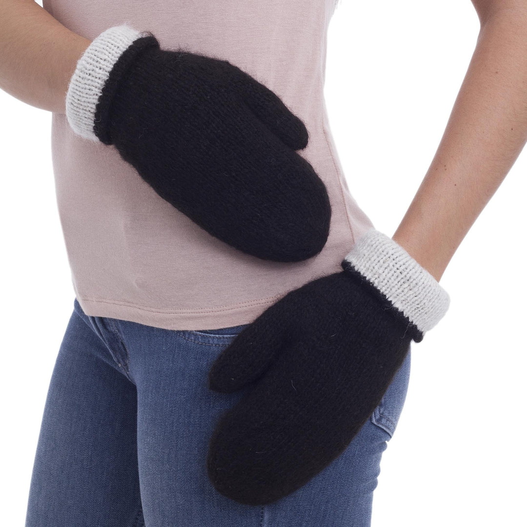 Peruvian Reversible 100% Alpaca Black and Eggshell Mittens - Striking Contrast