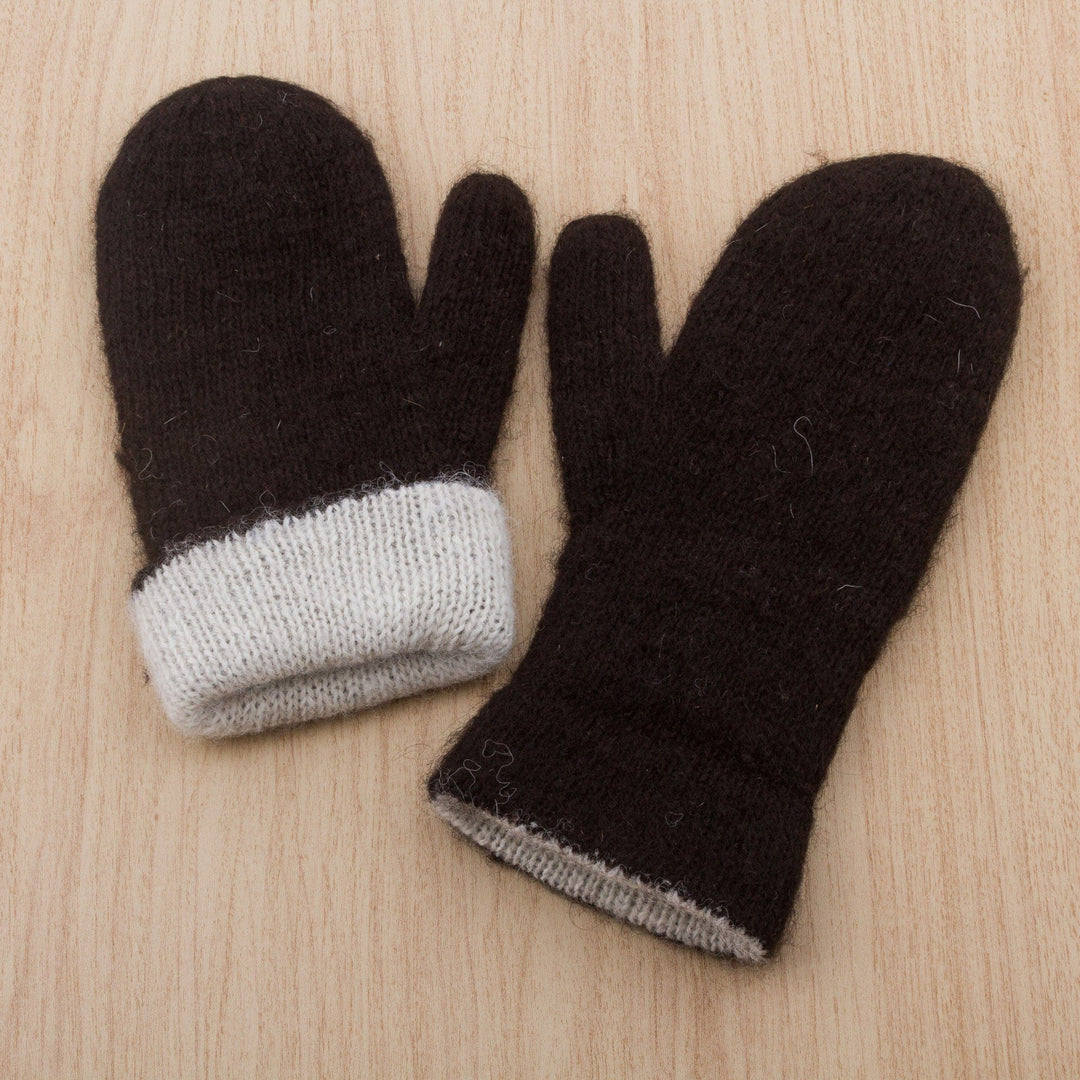 Peruvian Reversible 100% Alpaca Black and Eggshell Mittens - Striking Contrast