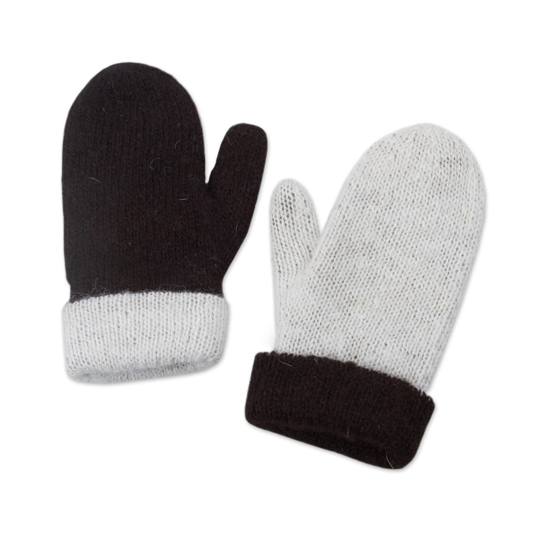 Peruvian Reversible 100% Alpaca Black and Eggshell Mittens - Striking Contrast
