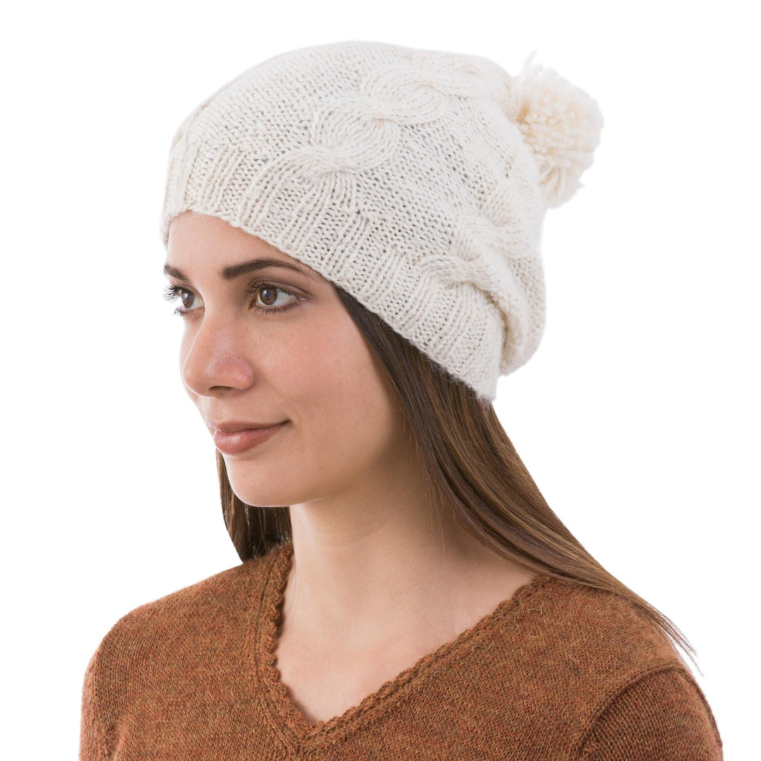 Natural 100% Alpaca Knit Hat with Braid Motif - Antique White