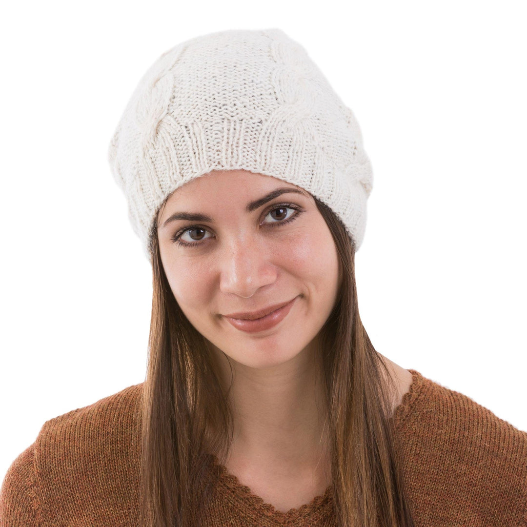 Natural 100% Alpaca Knit Hat with Braid Motif - Antique White