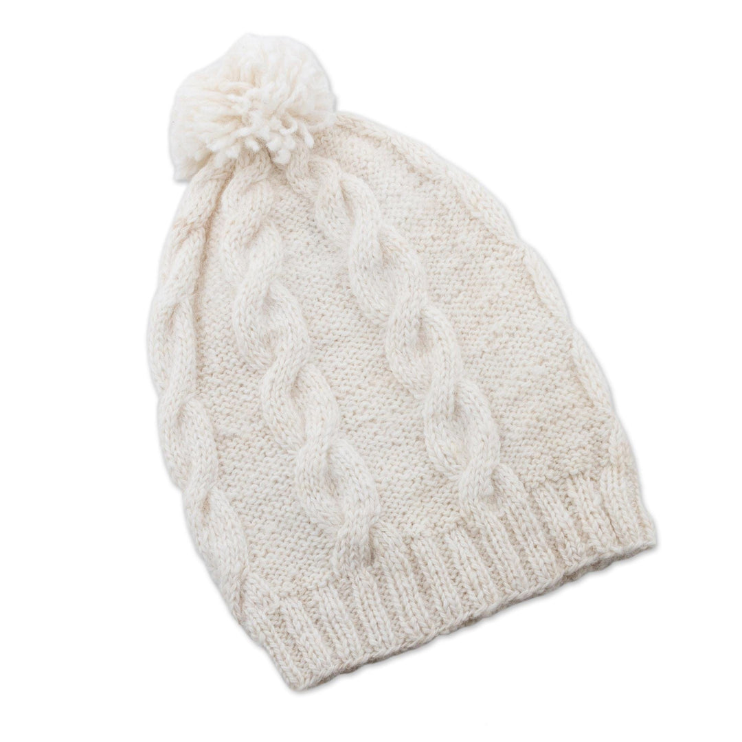 Natural 100% Alpaca Knit Hat with Braid Motif - Antique White
