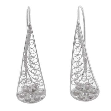 Artisan Crafted Sterling Silver Filigree Flower Earrings - Blossoming Dewdrops