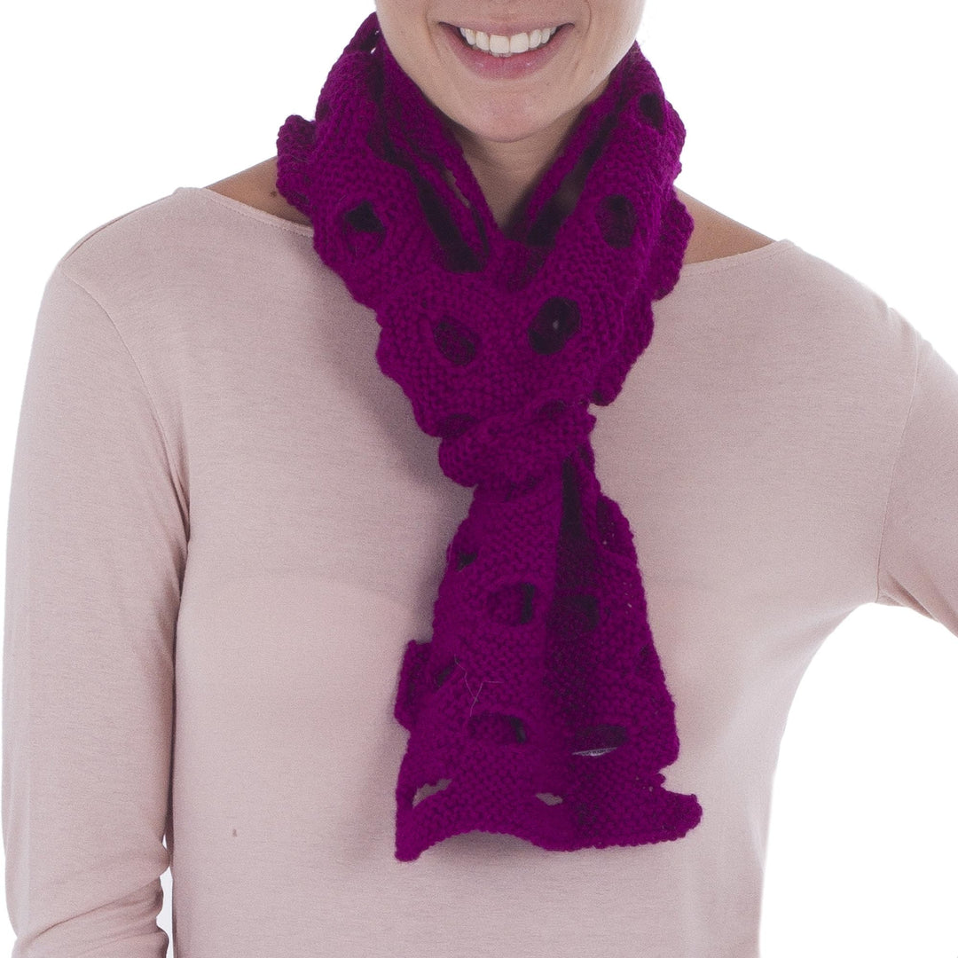 Patterned 100% Baby Alpaca Scarf in Magenta from Peru - Magenta Circles