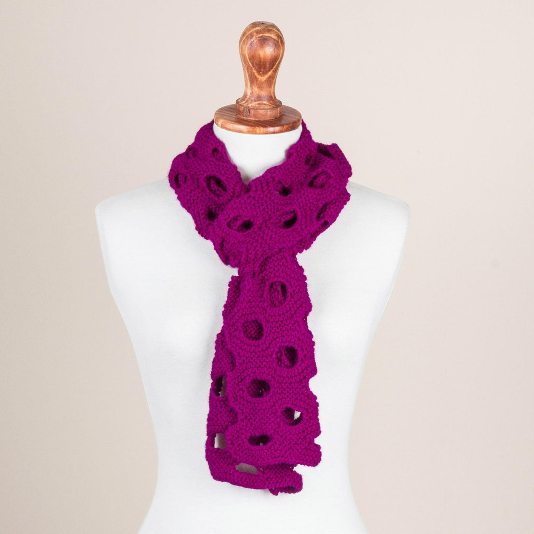 Patterned 100% Baby Alpaca Scarf in Magenta from Peru - Magenta Circles