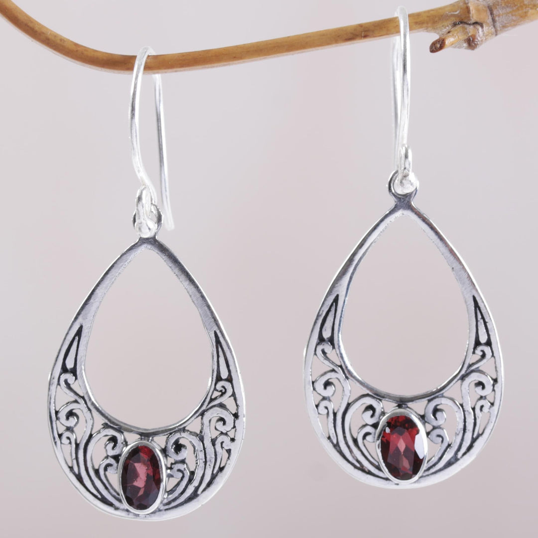 Garnet and 925 Silver Spiral Dangle Earrings from Bali - Elegant Tears