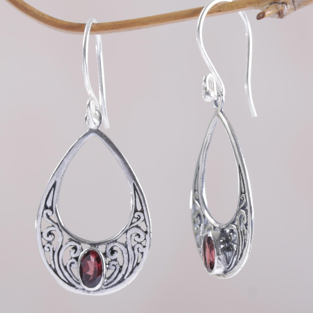 Garnet and 925 Silver Spiral Dangle Earrings from Bali - Elegant Tears