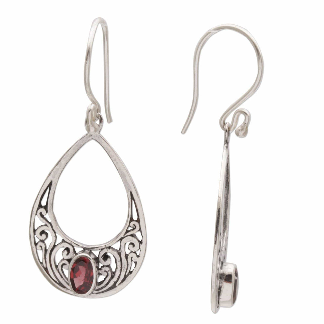 Garnet and 925 Silver Spiral Dangle Earrings from Bali - Elegant Tears