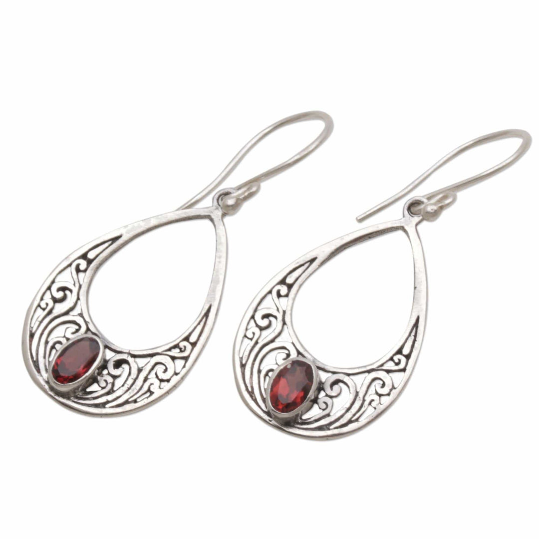Garnet and 925 Silver Spiral Dangle Earrings from Bali - Elegant Tears