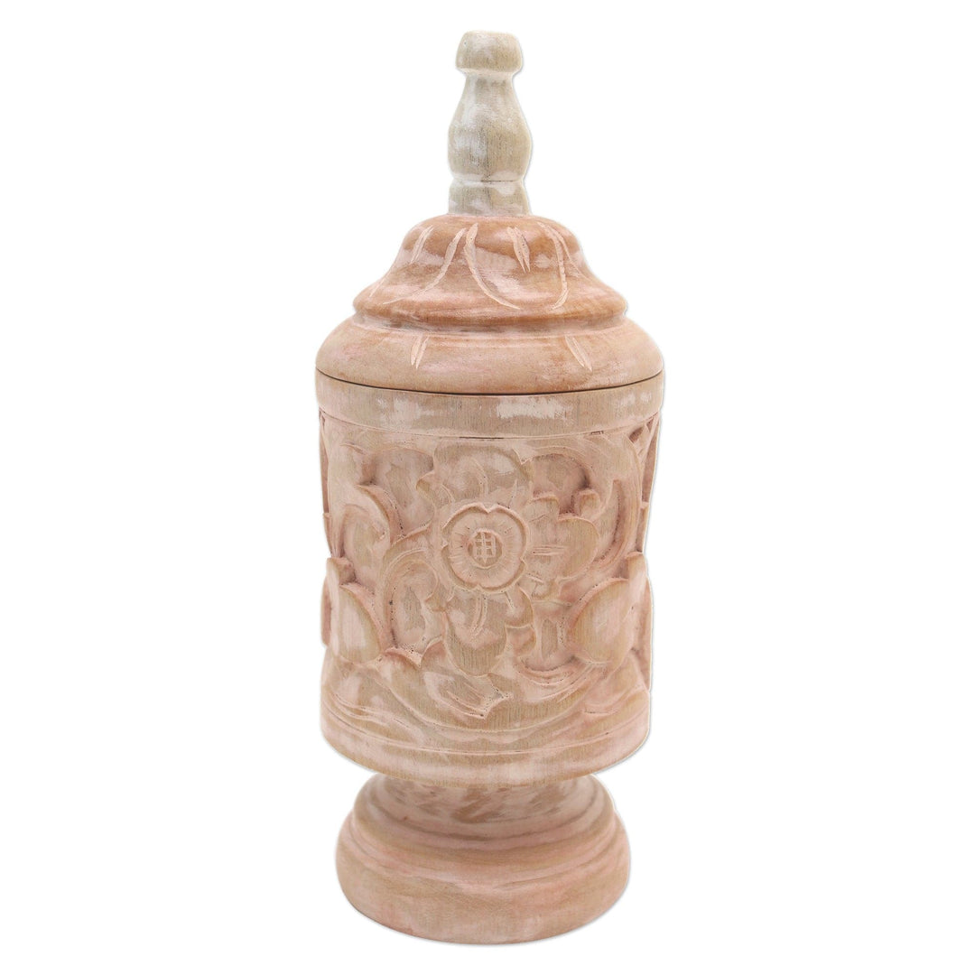 Mahogany Wood Cylindrical Decorative Jar with Floral Motifs - Antique Flower