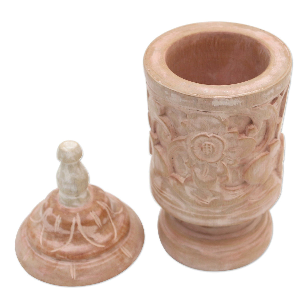 Mahogany Wood Cylindrical Decorative Jar with Floral Motifs - Antique Flower