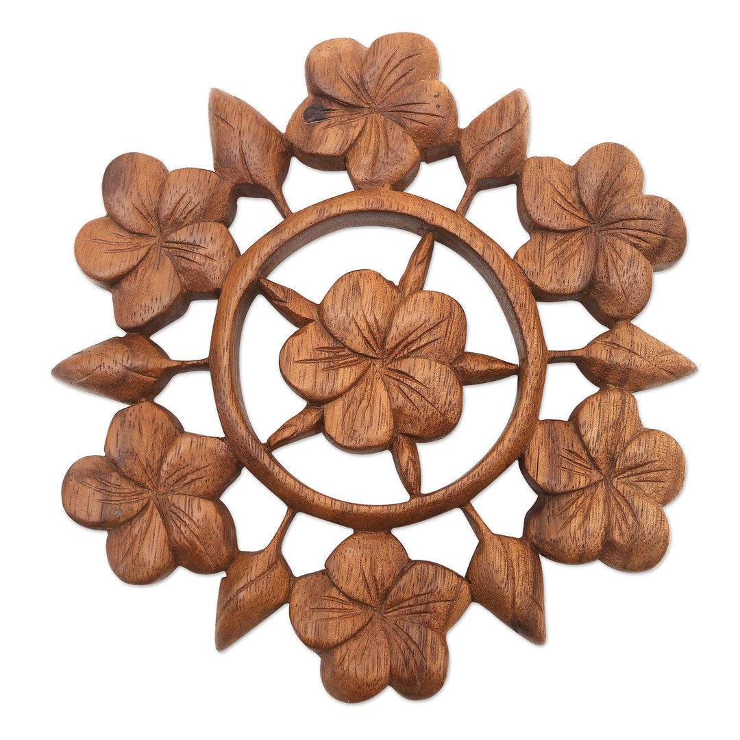 Hand Carved Floral Wood Wall Relief Panel from Indonesia - Frangipani Garden