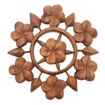 Hand Carved Floral Wood Wall Relief Panel from Indonesia - Frangipani Garden