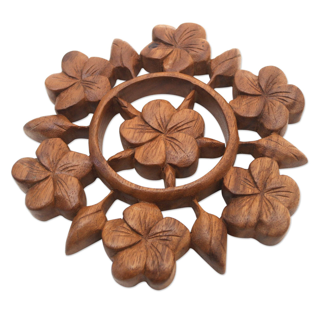 Hand Carved Floral Wood Wall Relief Panel from Indonesia - Frangipani Garden