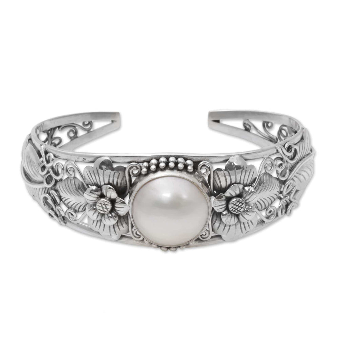 Floral Cultured Pearl Cuff Bracelet and 925 Silver from Bali - Moonlight Vines