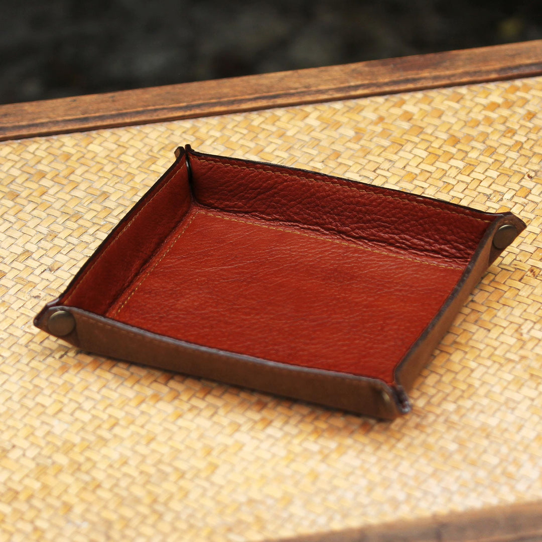 Handcrafted Thai Leather Catchall in Brick and Copper - Classic Brown