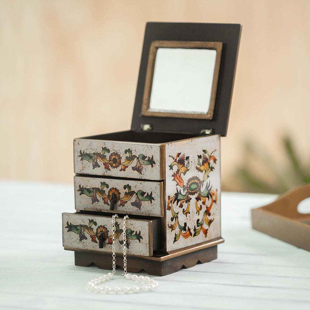 Reverse Painted Glass Decorative Box in Off White - Colonial Sunflower