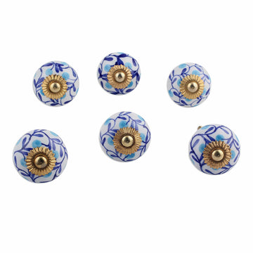 Six Blue and White Floral Ceramic Cabinet Knobs - Blue Floral Vines