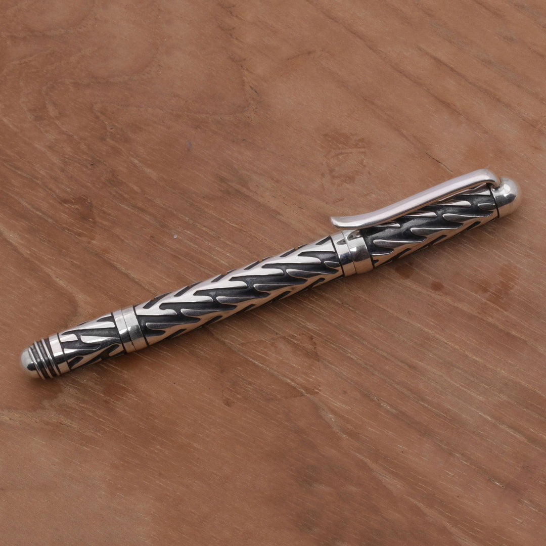 Hand Crafted Sterling Silver Ink Pen by Balinese Artisans - Writing Frond