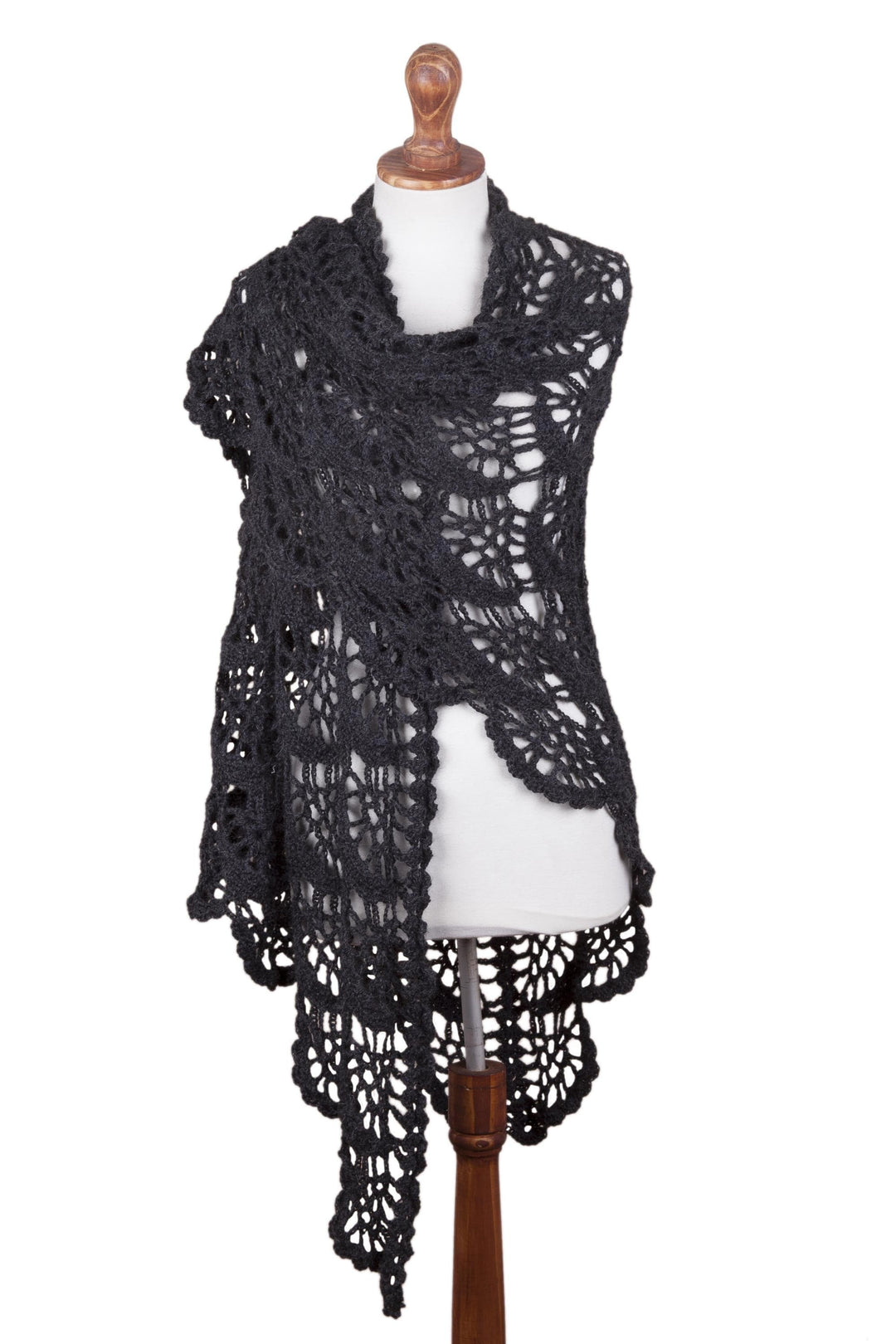 Hand Crocheted Alpaca Shawl in Slate Grey from Peru - Slate Crescents