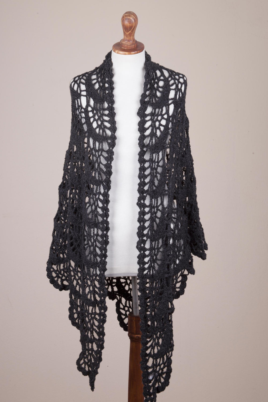 Hand Crocheted Alpaca Shawl in Slate Grey from Peru - Slate Crescents