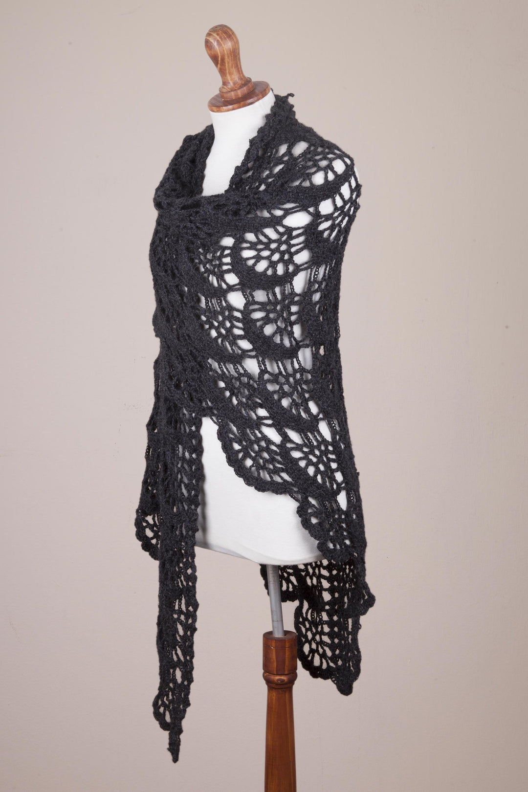 Hand Crocheted Alpaca Shawl in Slate Grey from Peru - Slate Crescents