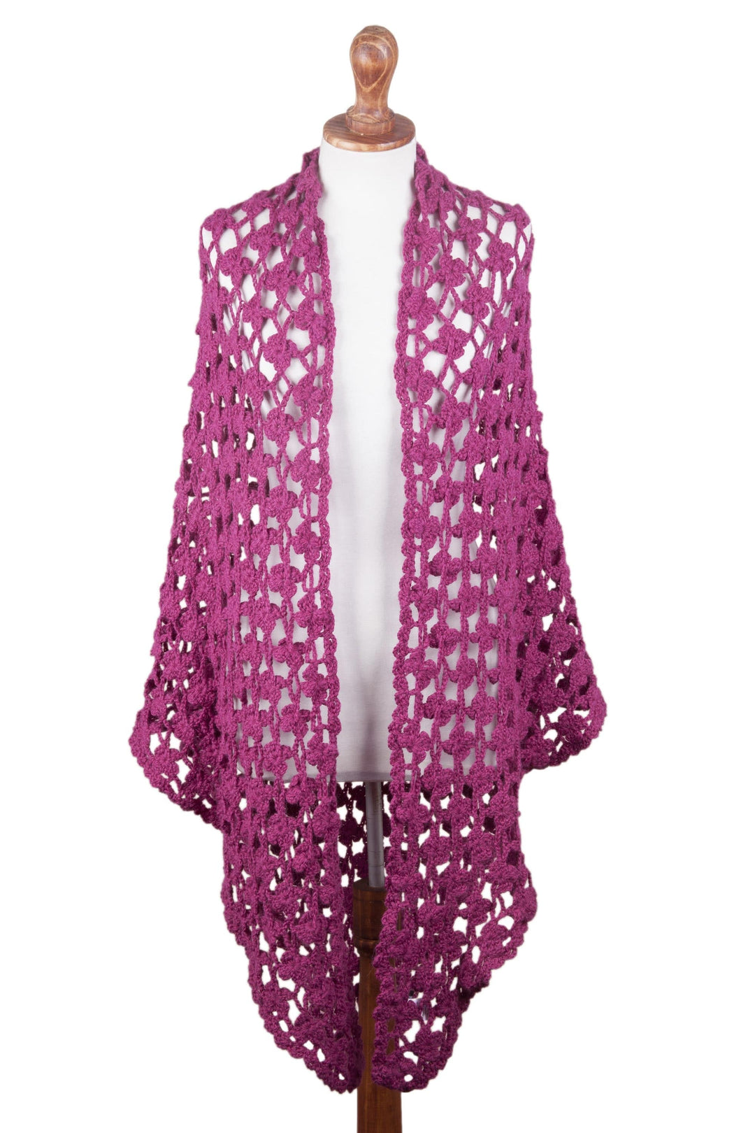 Crocheted Floral Alpaca Shawl in Magenta from Peru - Magenta Flowers