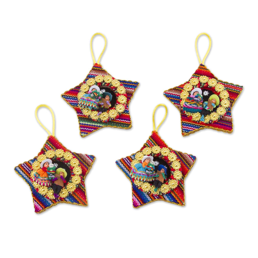 Four Cotton Blend Nativity Scene Star Ornaments from Peru - Nativity Flutes
