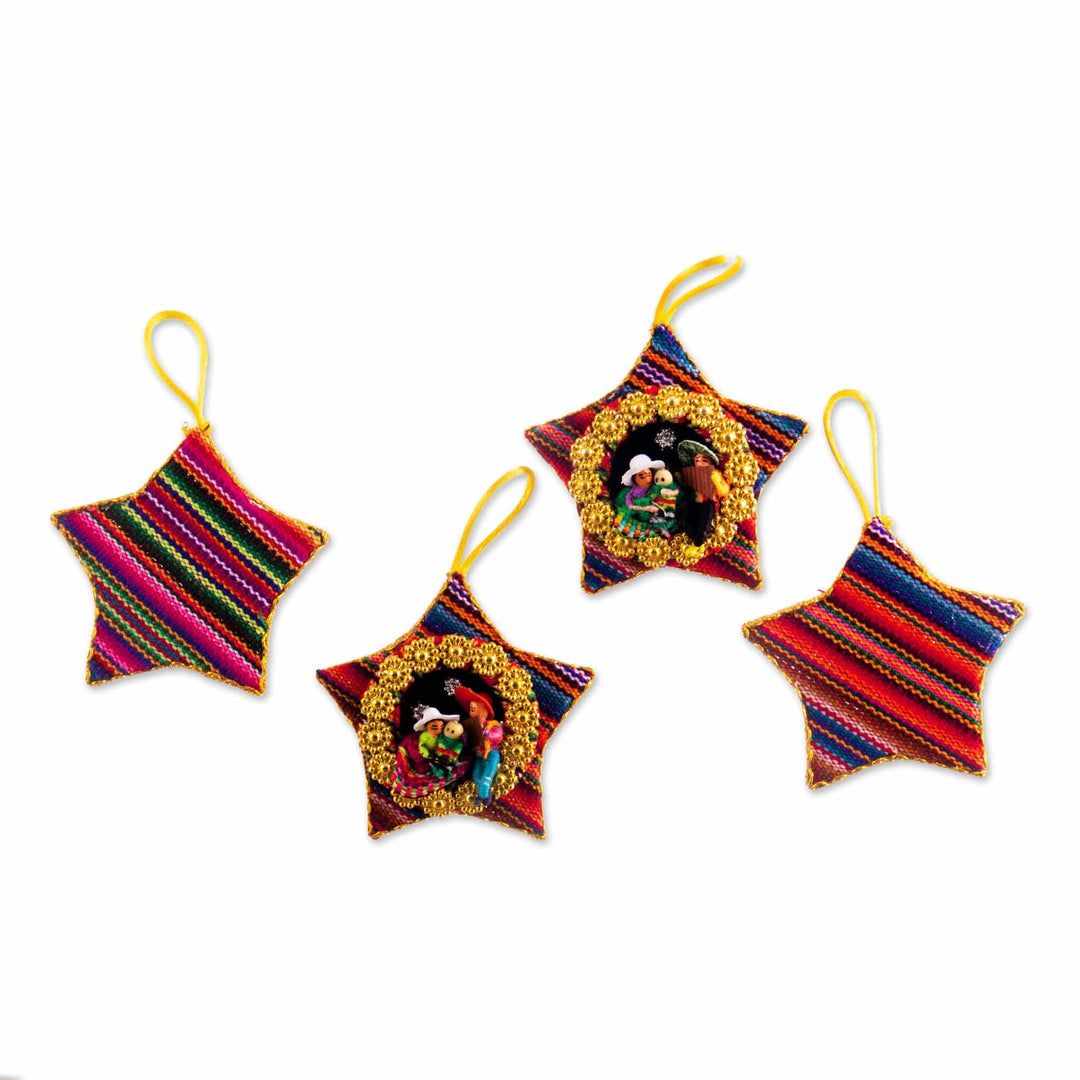 Four Cotton Blend Nativity Scene Star Ornaments from Peru - Nativity Flutes