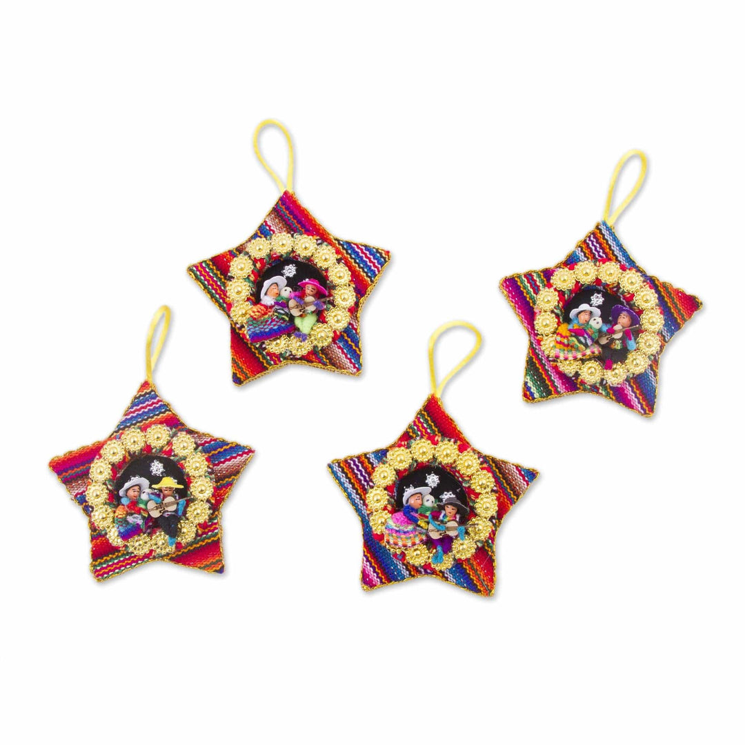 Four Cotton Blend Nativity Scene Star Ornaments from Peru - Nativity Rhythms