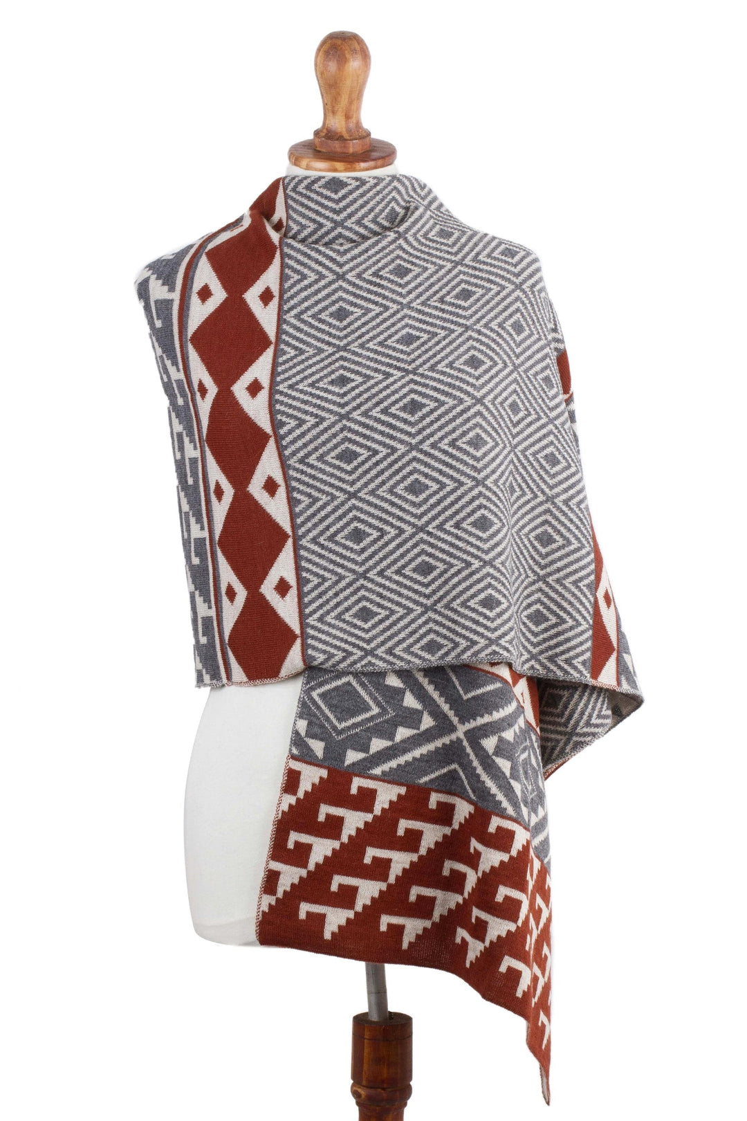 Alpaca Blend Geometric Shawl in Brick and Slate from Peru - Geometric Andes