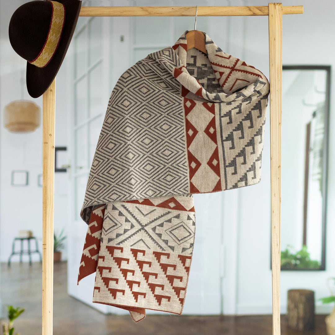 Alpaca Blend Geometric Shawl in Brick and Slate from Peru - Geometric Andes
