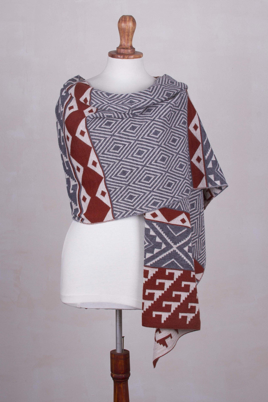 Alpaca Blend Geometric Shawl in Brick and Slate from Peru - Geometric Andes