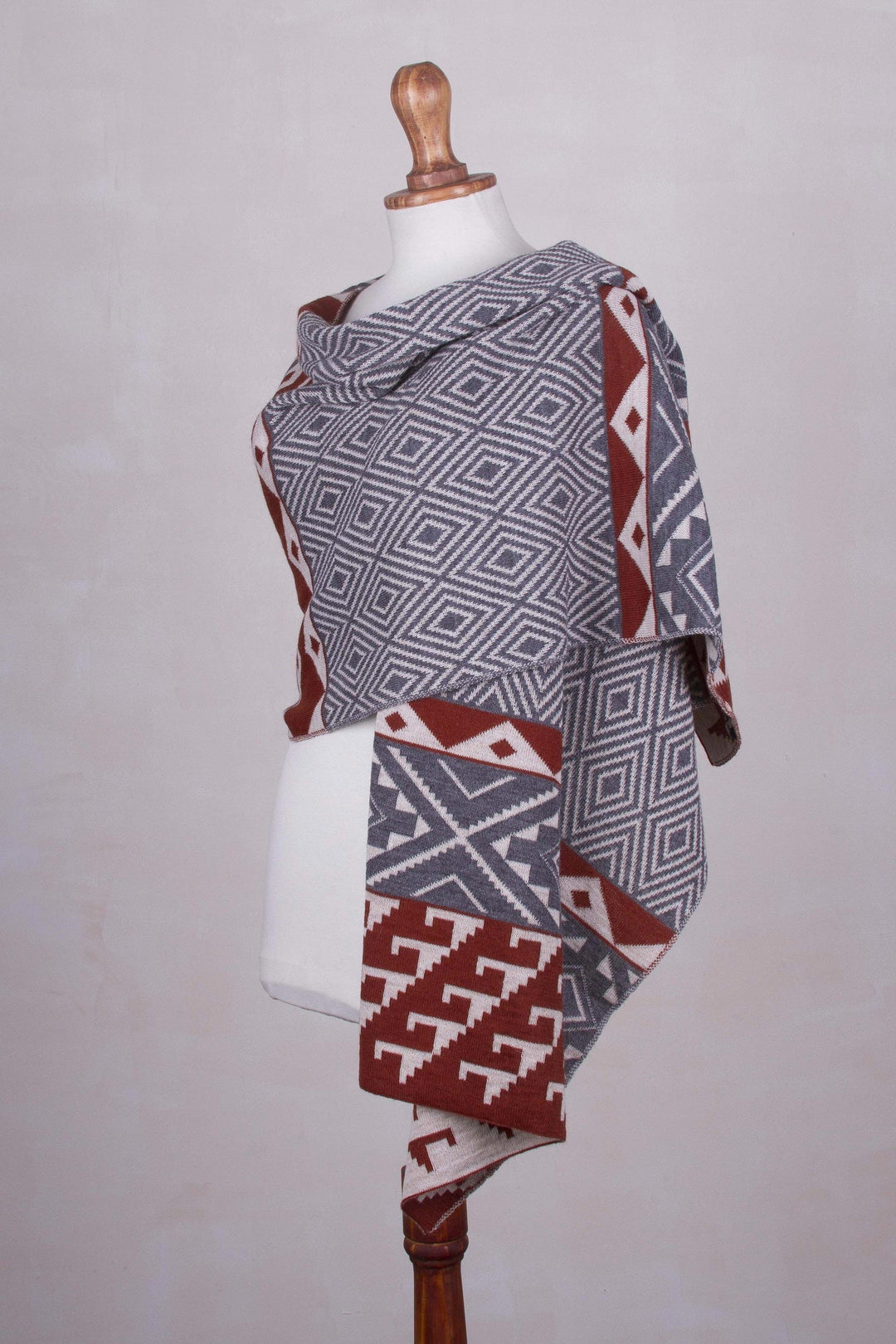 Alpaca Blend Geometric Shawl in Brick and Slate from Peru - Geometric Andes
