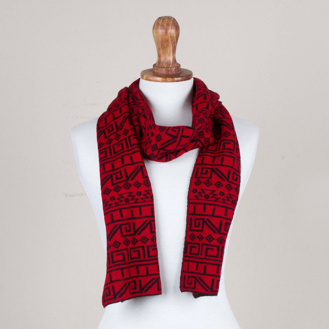 Knit Alpaca Blend Scarf in Black and Paprika from Peru - Inca Paprika